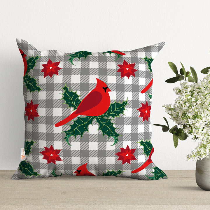 Red Cardinal Bird Throw Pillowcase|Winter Pillow Cover|Decorative Outdoor Pillow Case|Plaid Sofa Decor|Christmas Cushion Case|Xmas Ornament