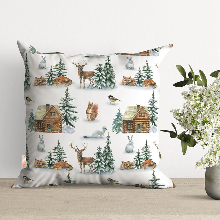 Winter Pillow Cover|Xmas Deer Throw Pillow|Pine Tree Sofa Decor|Animal Print Outdoor Pillow Case|Snow Cushion Case|Christmas Cushion Cover