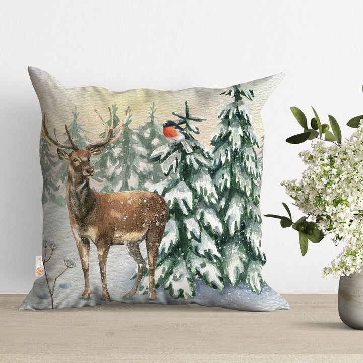 Winter Pillow Cover|Xmas Deer Throw Pillow|Pine Tree Sofa Decor|Animal Print Outdoor Pillow Case|Snow Cushion Case|Christmas Cushion Cover