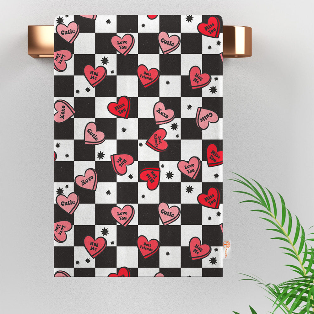 Valentine's Day Dish Cloth|Decorative Tea Towel|Heart Print Dishcloth|Romantic Dust Cloth|Checkered Hand Towel|Love Themed Kitchen Cloth