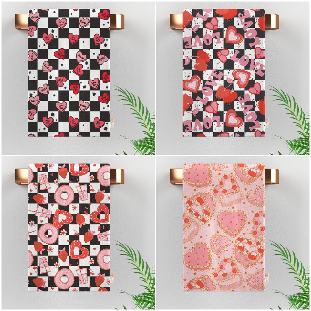 Valentine's Day Dish Cloth|Decorative Tea Towel|Heart Print Dishcloth|Romantic Dust Cloth|Checkered Hand Towel|Love Themed Kitchen Cloth