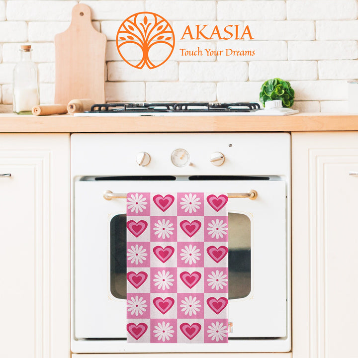 Valentine Tea Towel|Heart Print Dishcloth|Daisy Print Hand Towel|Floral Plaid Kitchen Cloth|Romantic Dish Cloth|Love Themed Dust Cloth