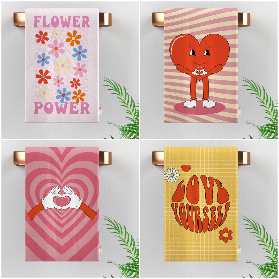 Valentine Hand Towel|Love Yourself Dish Cloth|Heart Print Dust Cloth|Flower Power Print Tea Towel|Daisy Print Kitchen Cloth|Love Themed Dish