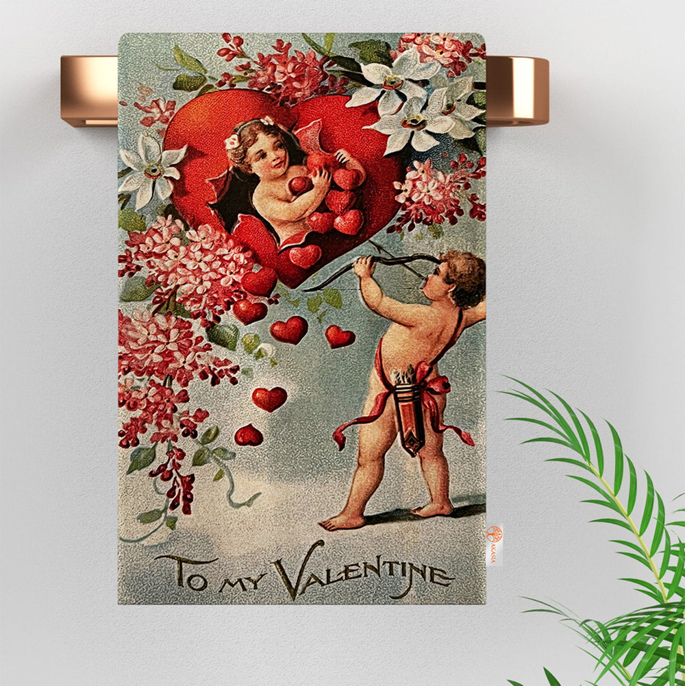 Charming Cupid Design Hand Towel|Love-Infused Tea Towel with Cupid's Touch|To My Valentine Print Dishcloth|Floral Heart Print Love Towel