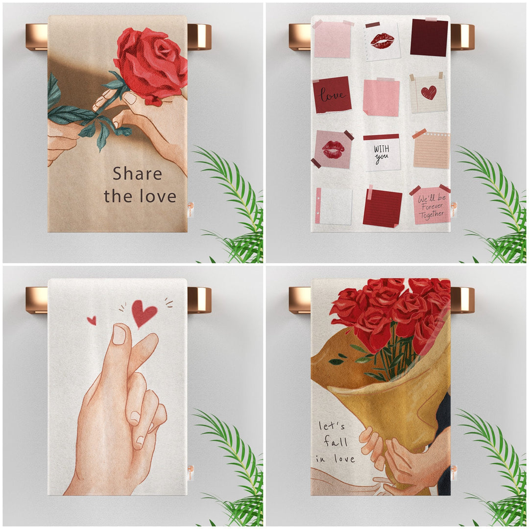 Love Themed Hand Towel|Let's Fell In Love Dish Cloth|Hand Print Kitchen Cloth|Rose Print Dust Cloth|Share The Love Valentine Tea Towel