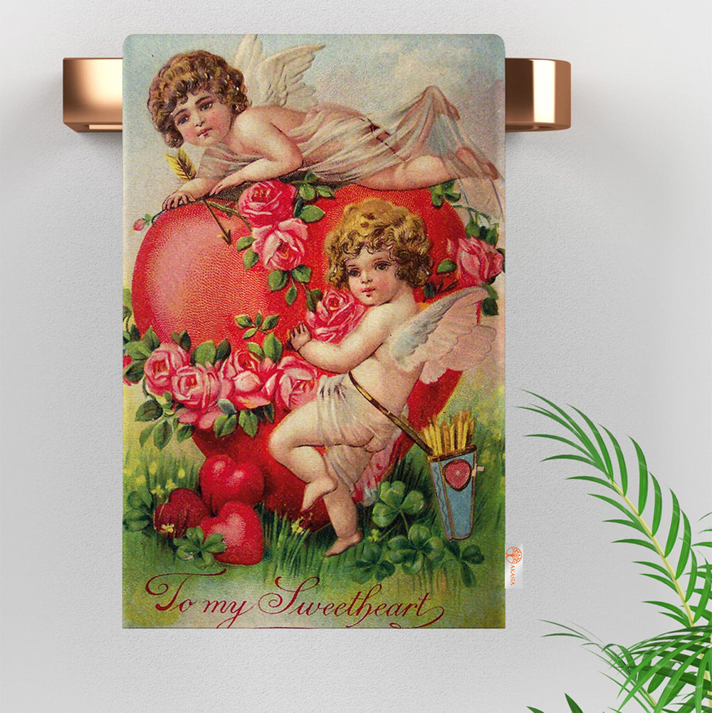 Cupid Print Hand Towel|Love Themed Dish Cloth|Romantic Floral Tea Towel|To My Lover Dust Cloth|Valentine Mail Kitchen Cloth|Farmhouse Towel