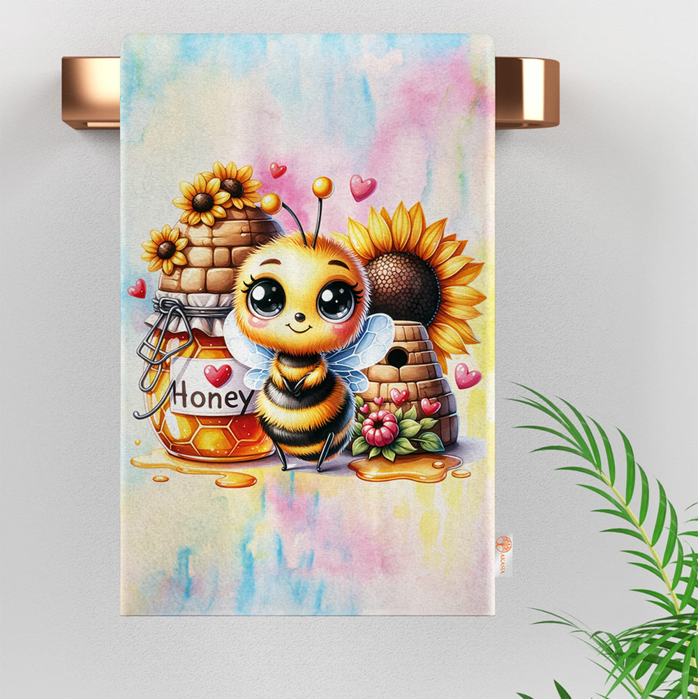 Cute Bee Tea Towel|Sunflower Print Kitchen Cloth|Honey Print Romantic Dish Cloth|Love Themed Hand Towel|Valentine Dishcloth|Bathroom Towel