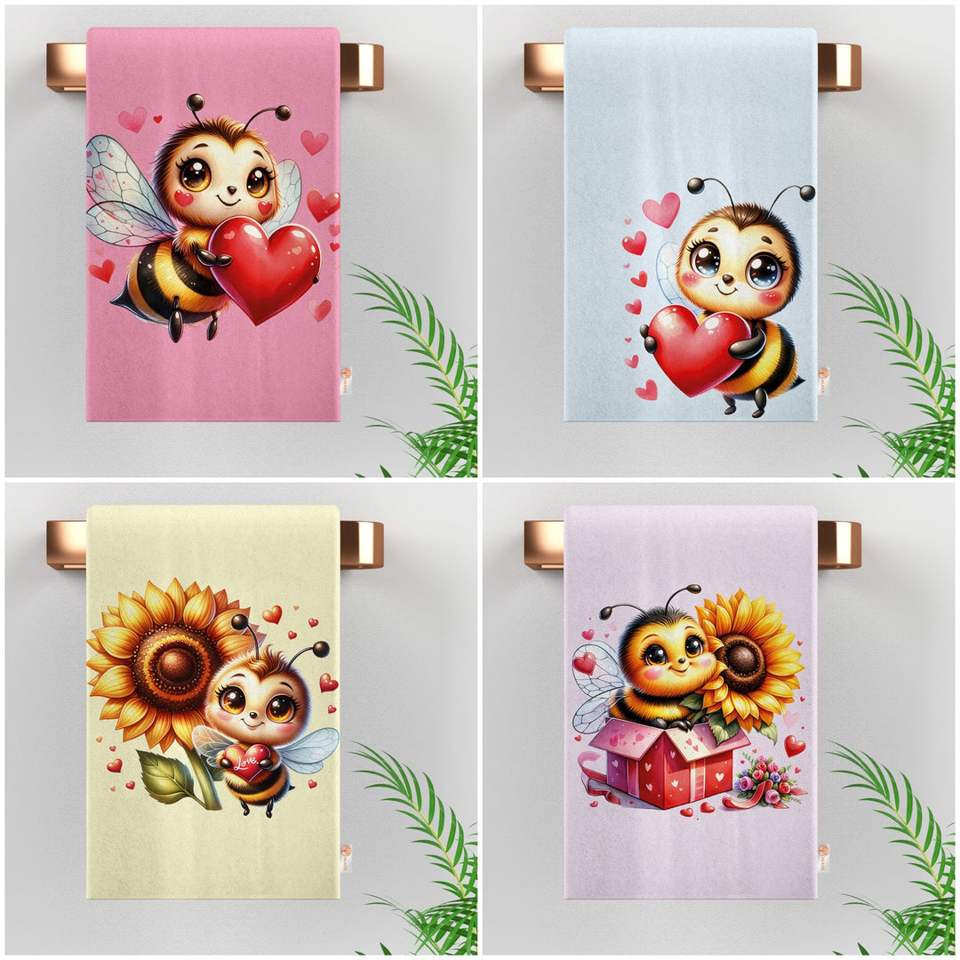 Cute Bee Hand Towel|Love Themed Dish Cloth|Valentine Kitchen Cloth|Heart Print Tea Towel|Sunflower Print Dishcloth|Gift For V-Day Idea