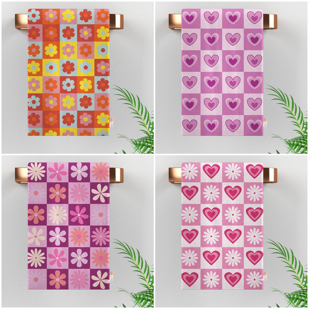 Valentine Tea Towel|Heart Print Dishcloth|Daisy Print Hand Towel|Floral Plaid Kitchen Cloth|Romantic Dish Cloth|Love Themed Dust Cloth