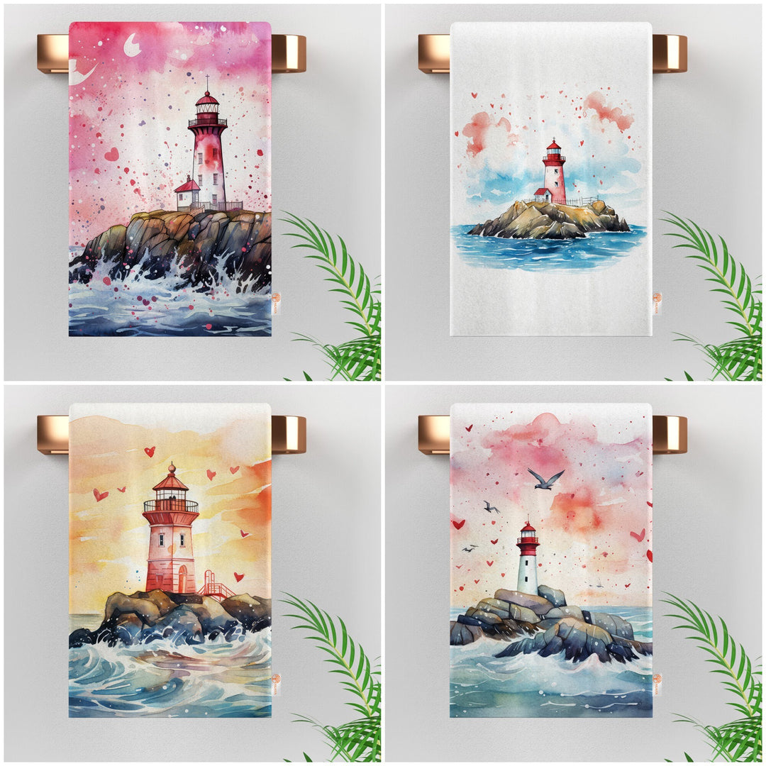 Lighthouse Print Tea Towel|Valentine Dishcloth|Heart and Bird Print Dish Cloth|Romantic Hand Towel|Love Themed Kitchen Cloth|Soft Hand Towel