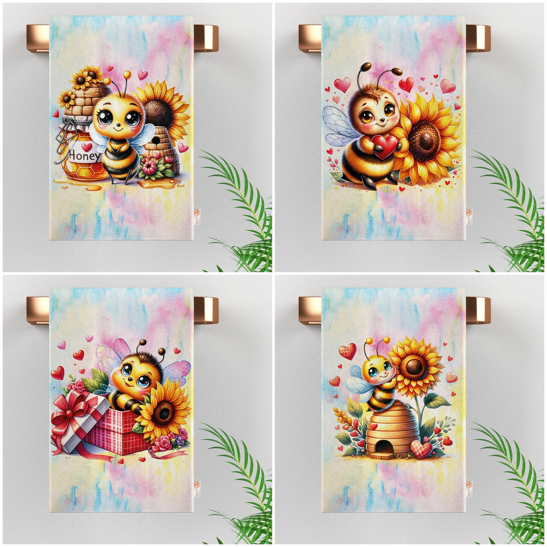 Cute Bee Tea Towel|Sunflower Print Kitchen Cloth|Honey Print Romantic Dish Cloth|Love Themed Hand Towel|Valentine Dishcloth|Bathroom Towel