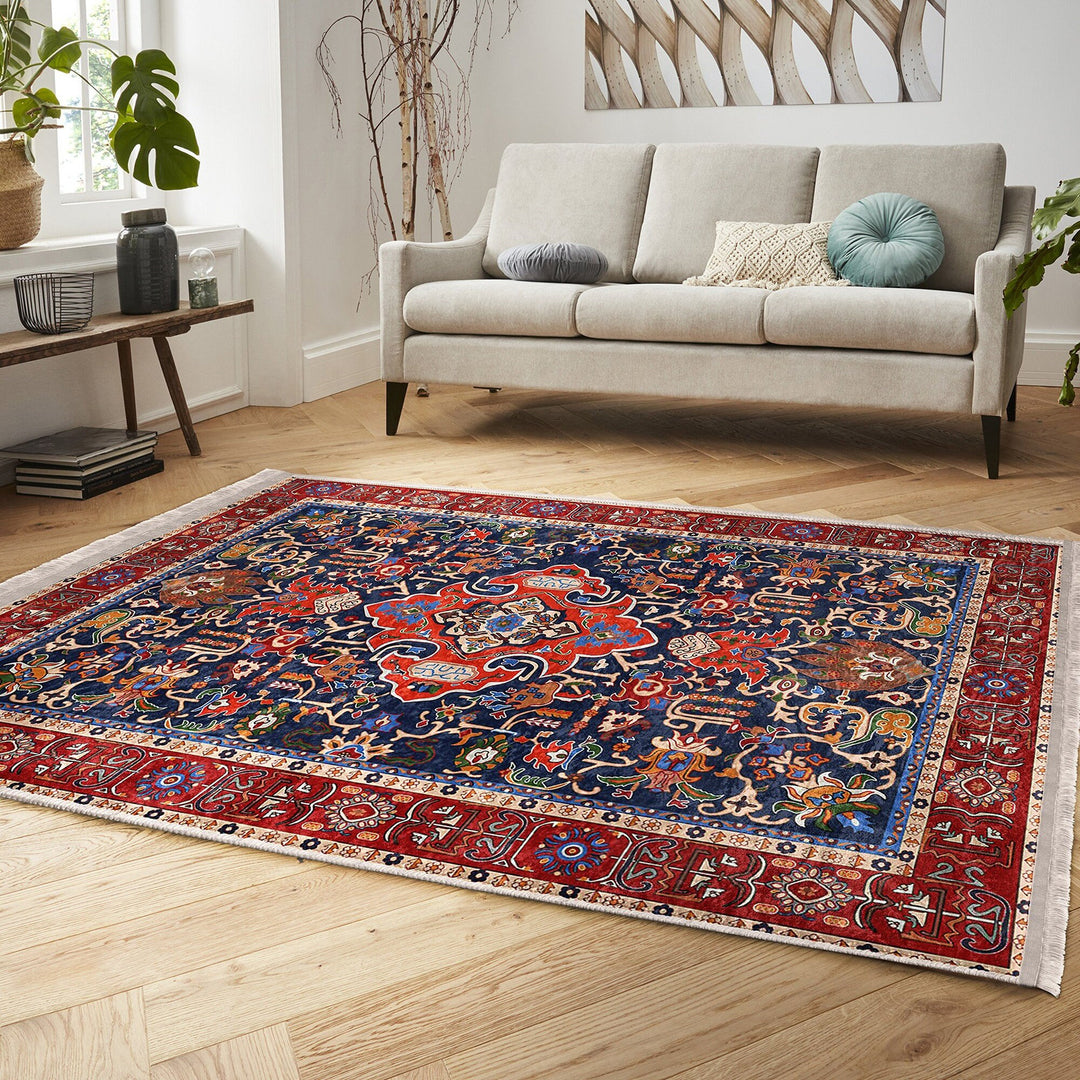 Kilim Pattern Non-Slip Carpet|Farmhouse Machine-Washable Rug|Ethnic Fringed Rug|Oriental Accent Carpet|Decorative Rug Design Floor Covering