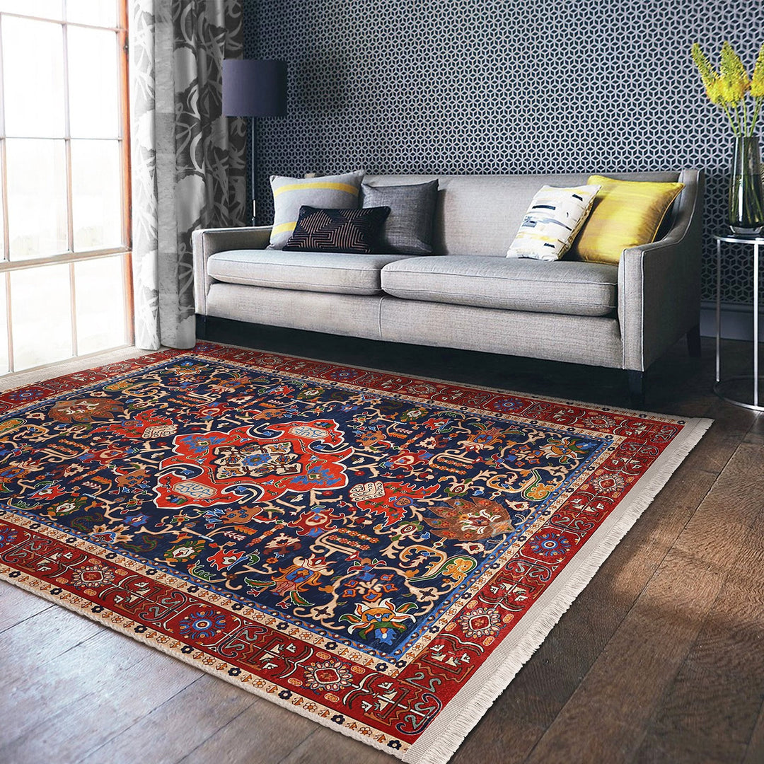 Kilim Pattern Non-Slip Carpet|Farmhouse Machine-Washable Rug|Ethnic Fringed Rug|Oriental Accent Carpet|Decorative Rug Design Floor Covering