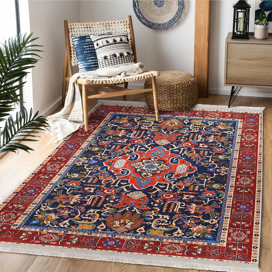 Kilim Pattern Non-Slip Carpet|Farmhouse Machine-Washable Rug|Ethnic Fringed Rug|Oriental Accent Carpet|Decorative Rug Design Floor Covering