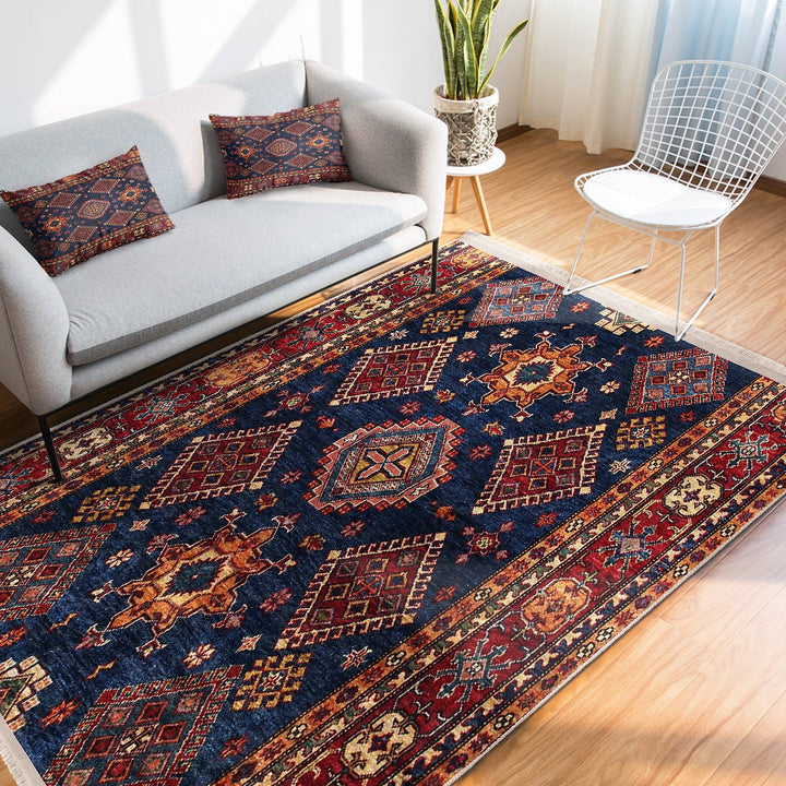 Ethnic Fringed Carpet|Oriental Accent Floor Covering|Farmhouse Machine-Washable Rug|Kilim Pattern Non-Slip Carpet|Rug Design Rug