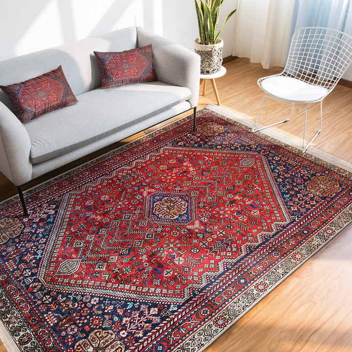 Anatolian Accent Floor Covering|Ethnic Fringed Machine-Washable Rug|Kilim Pattern Non-Slip Carpet|Farmhouse Style Rug|Rug Design Carpet