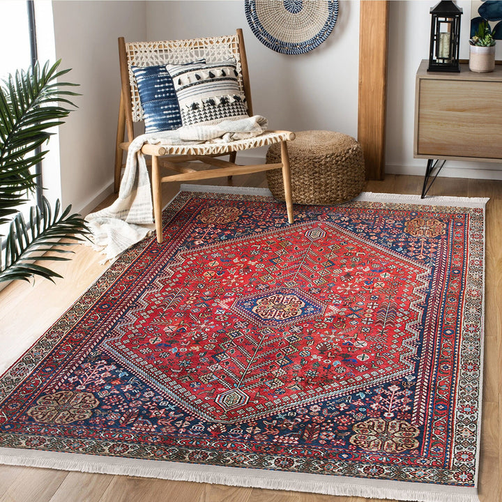 Anatolian Accent Floor Covering|Ethnic Fringed Machine-Washable Rug|Kilim Pattern Non-Slip Carpet|Farmhouse Style Rug|Rug Design Carpet