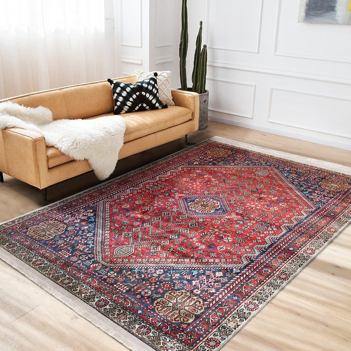 Anatolian Accent Floor Covering|Ethnic Fringed Machine-Washable Rug|Kilim Pattern Non-Slip Carpet|Farmhouse Style Rug|Rug Design Carpet