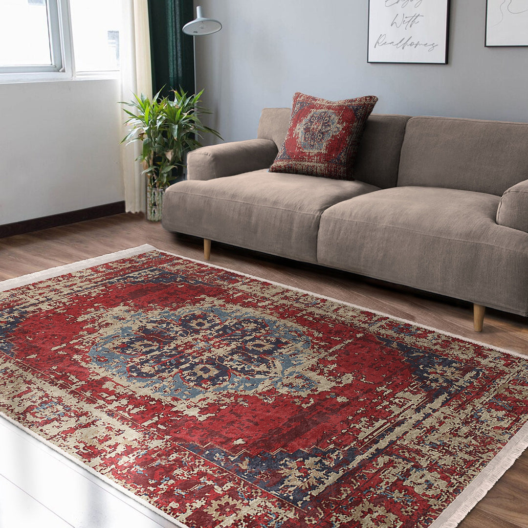 Kilim Pattern Floor Covering|Farmhouse Style Non-Slip Carpet|Ethnic Fringed Carpet|Anatolian Accent Machine-Washable Rug|Rug Design Rug