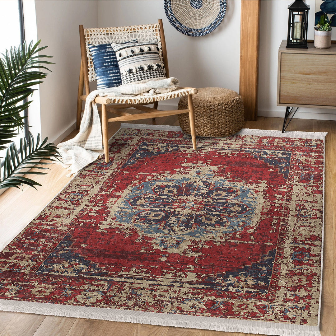 Kilim Pattern Floor Covering|Farmhouse Style Non-Slip Carpet|Ethnic Fringed Carpet|Anatolian Accent Machine-Washable Rug|Rug Design Rug