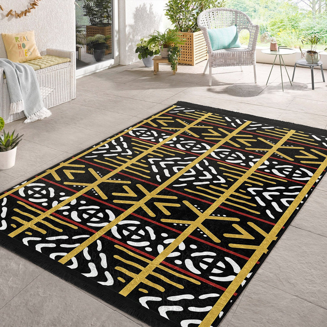 Tribal Pattern Carpet|Authentic Style Rug|Machine-Washable Floor Covering|Farmhouse Carpet|Fringed Rug|Geometric Floor Covering