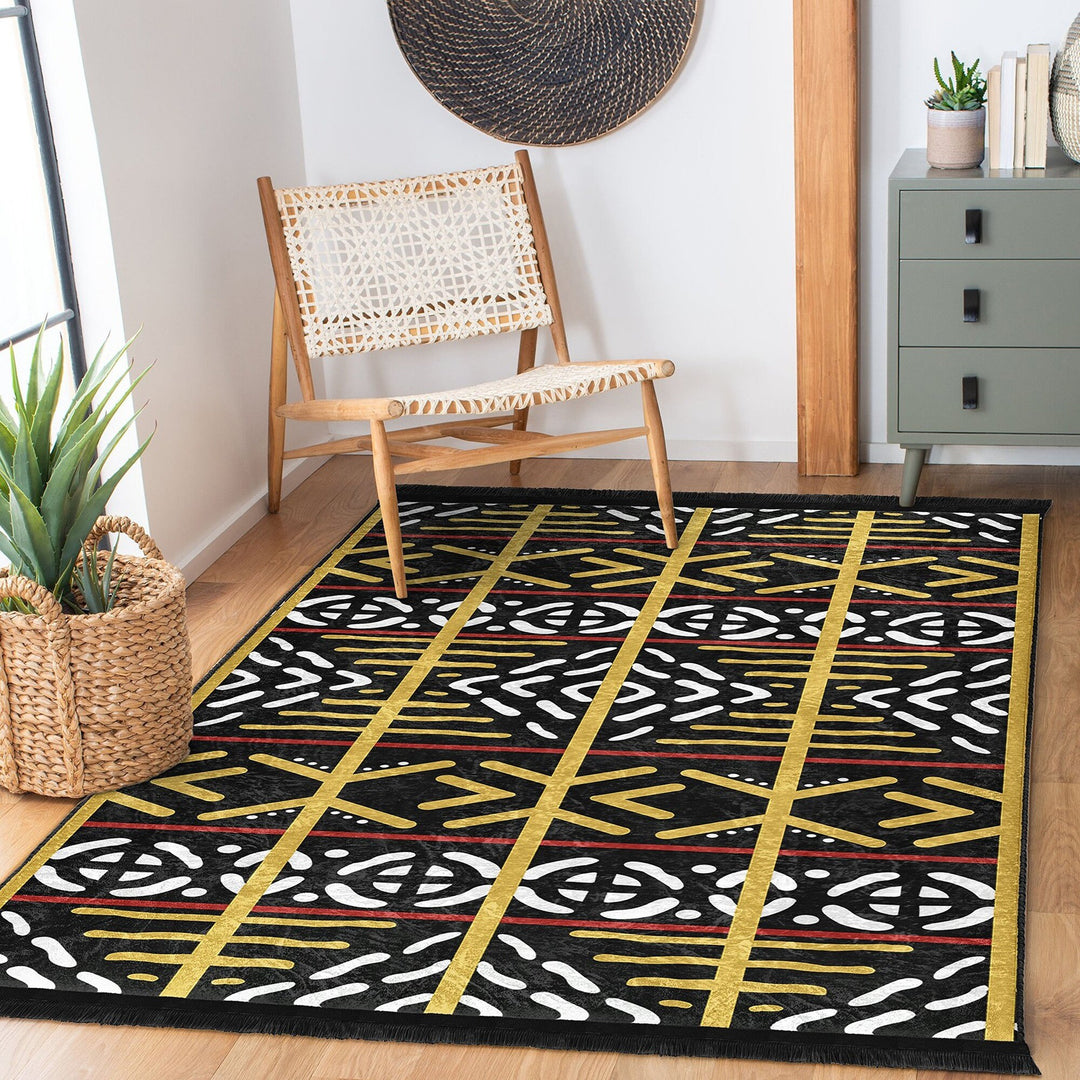 Tribal Pattern Carpet|Authentic Style Rug|Machine-Washable Floor Covering|Farmhouse Carpet|Fringed Rug|Geometric Floor Covering