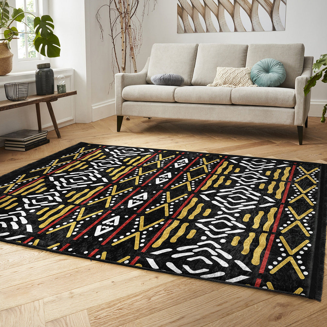 African Design Rug|Machine-Washable Floor Covering|Authentic Carpet|Fringed Rug|Tribal Floor Covering|Farmhouse Carpet|Geometric Carpet