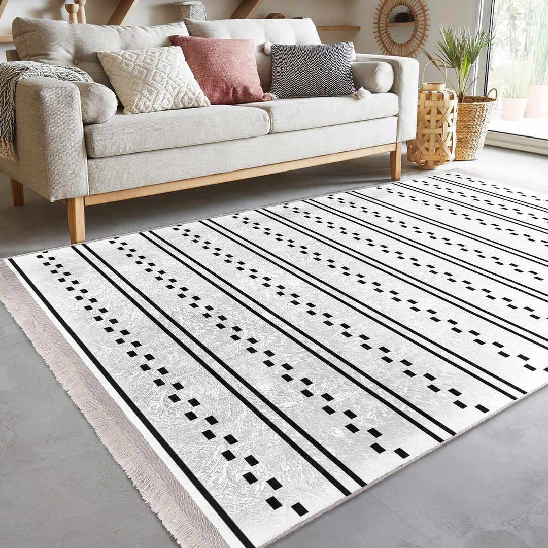 Abstract Geometric Rug|Scandinavian Floor Covering|Nordic Carpet|Geometric Rug|Ethnic Fringed Floor Covering|Machine-Washable Carpet