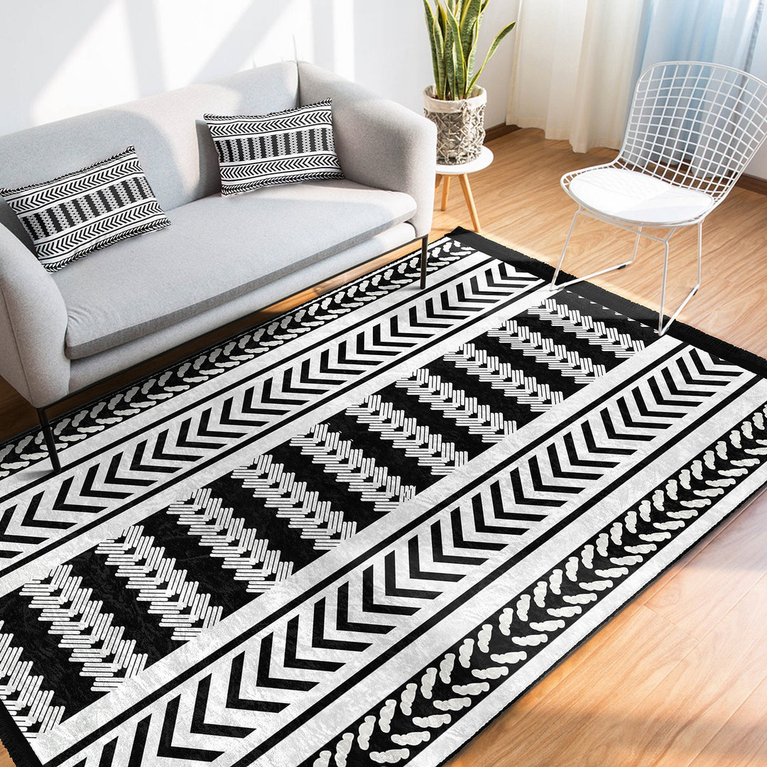 Nordic Print Carpet|Abstract Geometric Area Rug|Machine-Washable Carpet|Rug Design Rug|Ethnic Fringed Carpet|Scandinavian Floor Covering