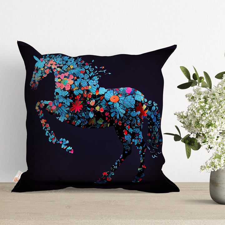 Horse Print Pillow Cover|Floral Horse Illustration Cushion Case|Decorative Throw Pillowtop|Animal Print Home Decor|Farmhouse Style Gift