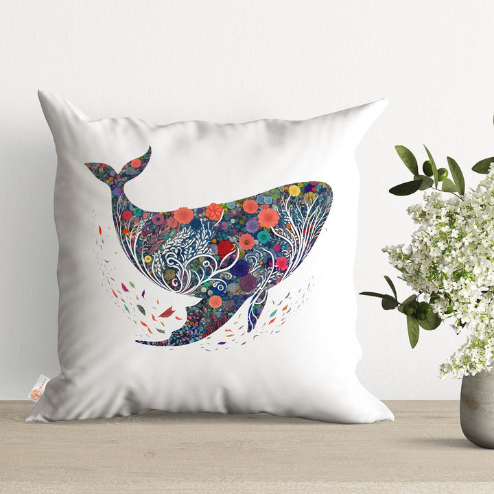 Whale Cushion Case|Floral Pillow Cover|Navy Marine Home Decor|Nautical Throw Pillow Case|Coastal Cushion Cover|Cozy Outdoor Pillowcase