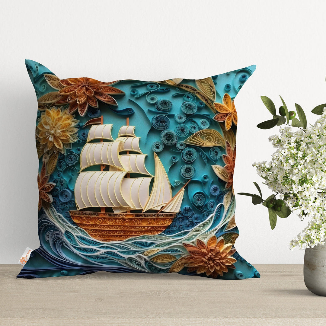 Sailing Ship Cushion Case|Nautical Pillow Cover|Coastal Home Decor|Starfish Throw Pillow Case|Navy Marine Cushion|Sea Wave Outdoor Pillow