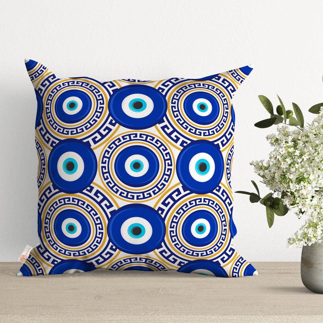 Good Luck Throw Pillow Case|One Eye Pillowcase|Turkish Greek Evil Eye Cushion Cover|Geometric Pillowtop|Cozy Home Decor|Greek Key Cushion