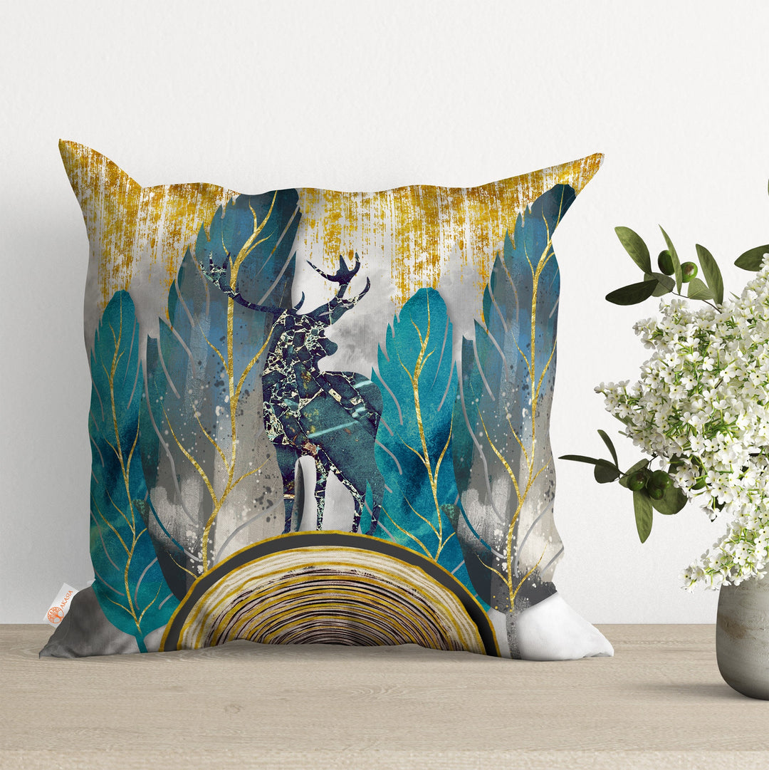 Decorative Emerald Pillow Case|Blue Leaf Pillow Cover|Deer Print Cushion Case|Housewarming Throw Pillowtop|Farmhouse Spring Trend Decor