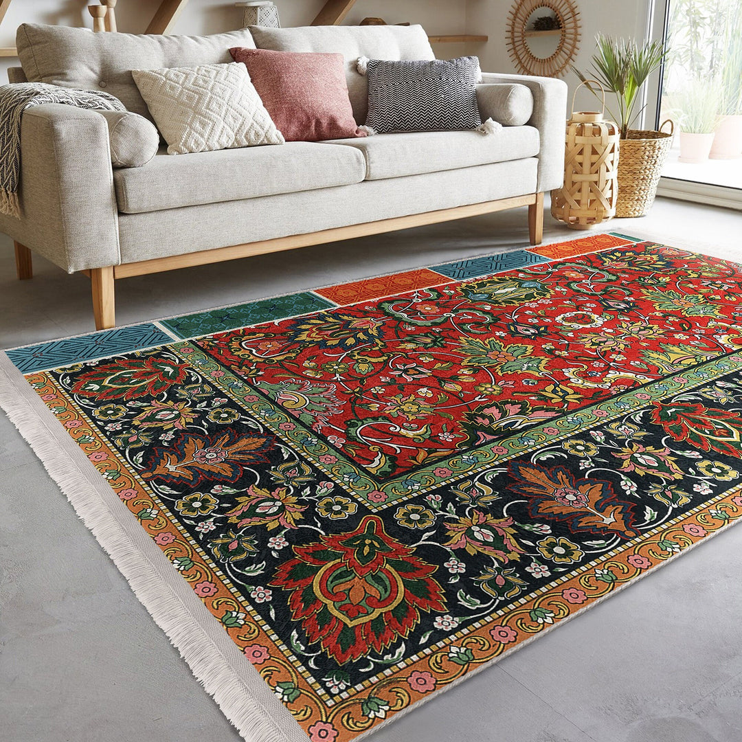 Farmhouse Rug|Kilim Pattern Machine-Washable Rug|Rug Design Non-Slip Carpet|Ethnic Fringed Floor Covering|Oriental Carpet|Digital Print Rug