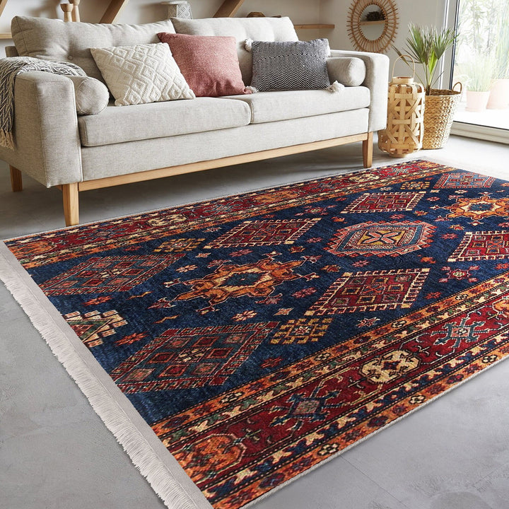 Ethnic Fringed Carpet|Oriental Accent Floor Covering|Farmhouse Machine-Washable Rug|Kilim Pattern Non-Slip Carpet|Rug Design Rug