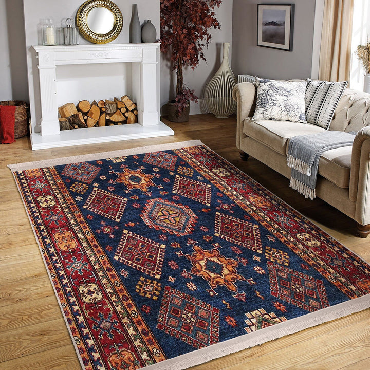 Ethnic Fringed Carpet|Oriental Accent Floor Covering|Farmhouse Machine-Washable Rug|Kilim Pattern Non-Slip Carpet|Rug Design Rug