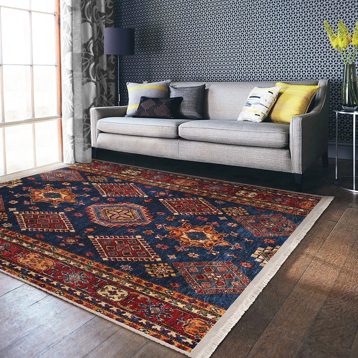 Ethnic Fringed Carpet|Oriental Accent Floor Covering|Farmhouse Machine-Washable Rug|Kilim Pattern Non-Slip Carpet|Rug Design Rug