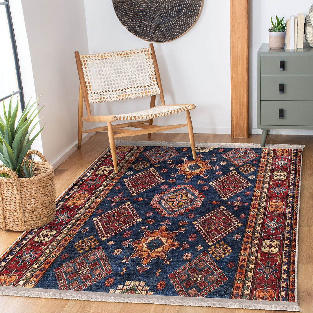 Ethnic Fringed Carpet|Oriental Accent Floor Covering|Farmhouse Machine-Washable Rug|Kilim Pattern Non-Slip Carpet|Rug Design Rug