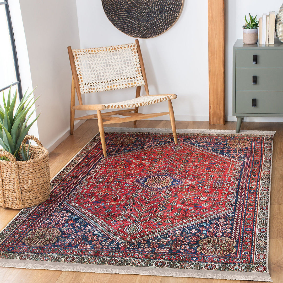 Anatolian Accent Floor Covering|Ethnic Fringed Machine-Washable Rug|Kilim Pattern Non-Slip Carpet|Farmhouse Style Rug|Rug Design Carpet