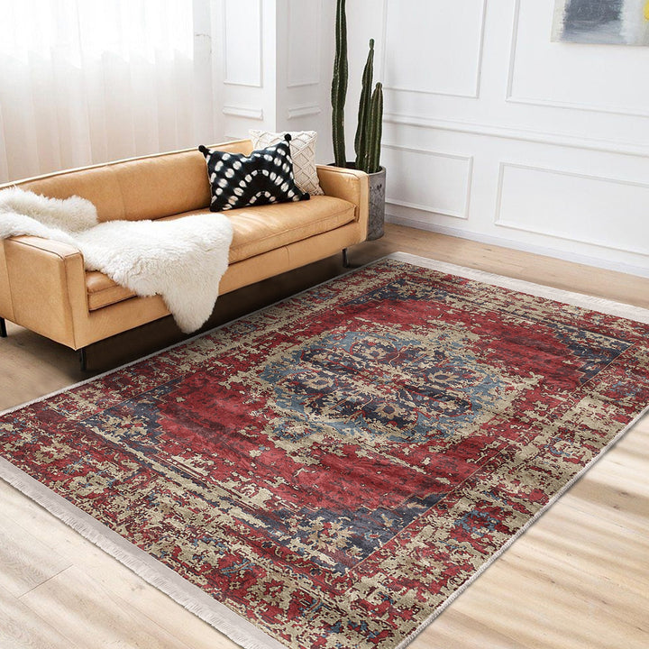 Kilim Pattern Floor Covering|Farmhouse Style Non-Slip Carpet|Ethnic Fringed Carpet|Anatolian Accent Machine-Washable Rug|Rug Design Rug