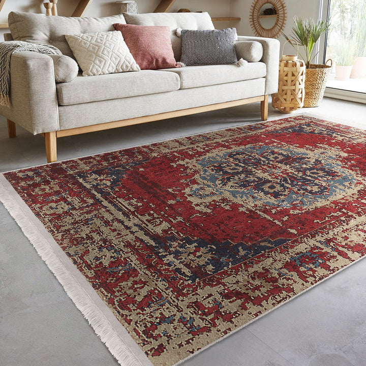 Kilim Pattern Floor Covering|Farmhouse Style Non-Slip Carpet|Ethnic Fringed Carpet|Anatolian Accent Machine-Washable Rug|Rug Design Rug