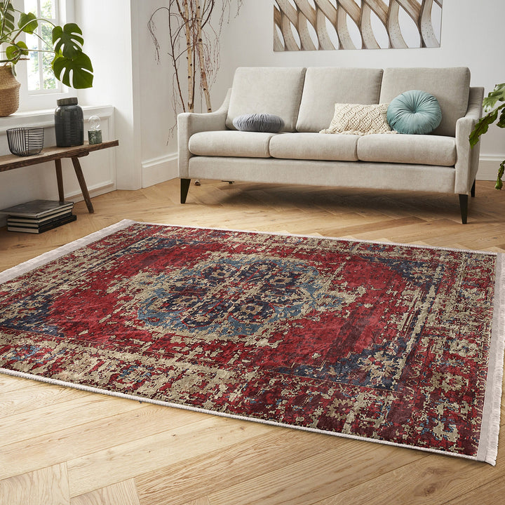 Kilim Pattern Floor Covering|Farmhouse Style Non-Slip Carpet|Ethnic Fringed Carpet|Anatolian Accent Machine-Washable Rug|Rug Design Rug