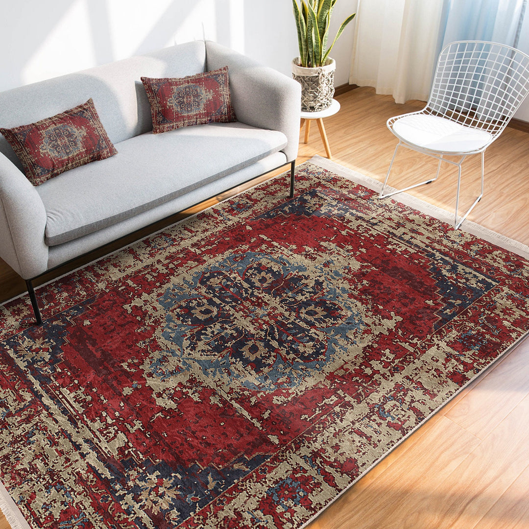 Kilim Pattern Floor Covering|Farmhouse Style Non-Slip Carpet|Ethnic Fringed Carpet|Anatolian Accent Machine-Washable Rug|Rug Design Rug