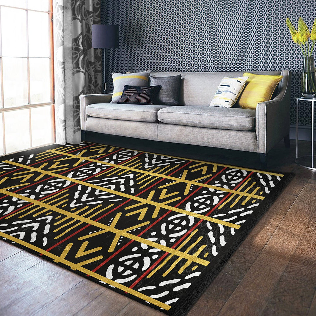 Tribal Pattern Carpet|Authentic Style Rug|Machine-Washable Floor Covering|Farmhouse Carpet|Fringed Rug|Geometric Floor Covering