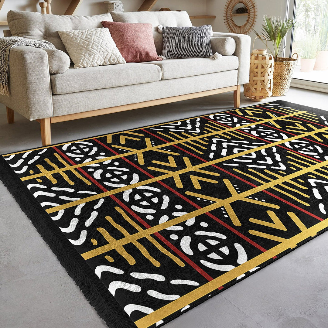 Tribal Pattern Carpet|Authentic Style Rug|Machine-Washable Floor Covering|Farmhouse Carpet|Fringed Rug|Geometric Floor Covering