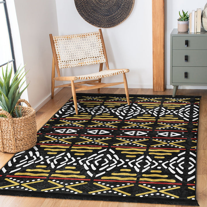 African Design Rug|Machine-Washable Floor Covering|Authentic Carpet|Fringed Rug|Tribal Floor Covering|Farmhouse Carpet|Geometric Carpet