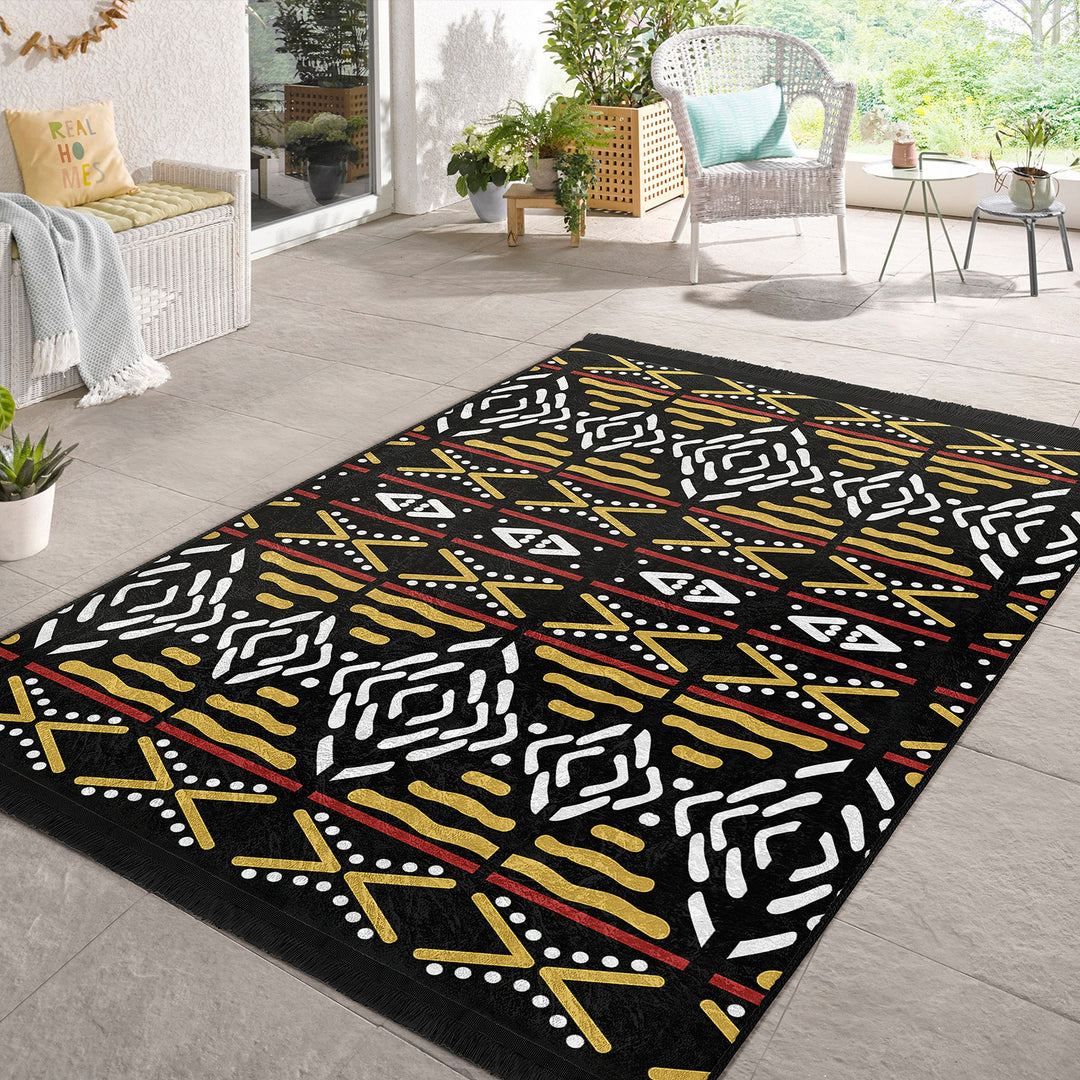 African Design Rug|Machine-Washable Floor Covering|Authentic Carpet|Fringed Rug|Tribal Floor Covering|Farmhouse Carpet|Geometric Carpet