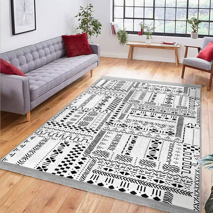 Nordic Print Carpet|Abstract Geometric Carpet|Scandinavian Floor Covering|Ethnic Fringed Rug|Machine-Washable Rug|Rug Design Non-Slip Carpet