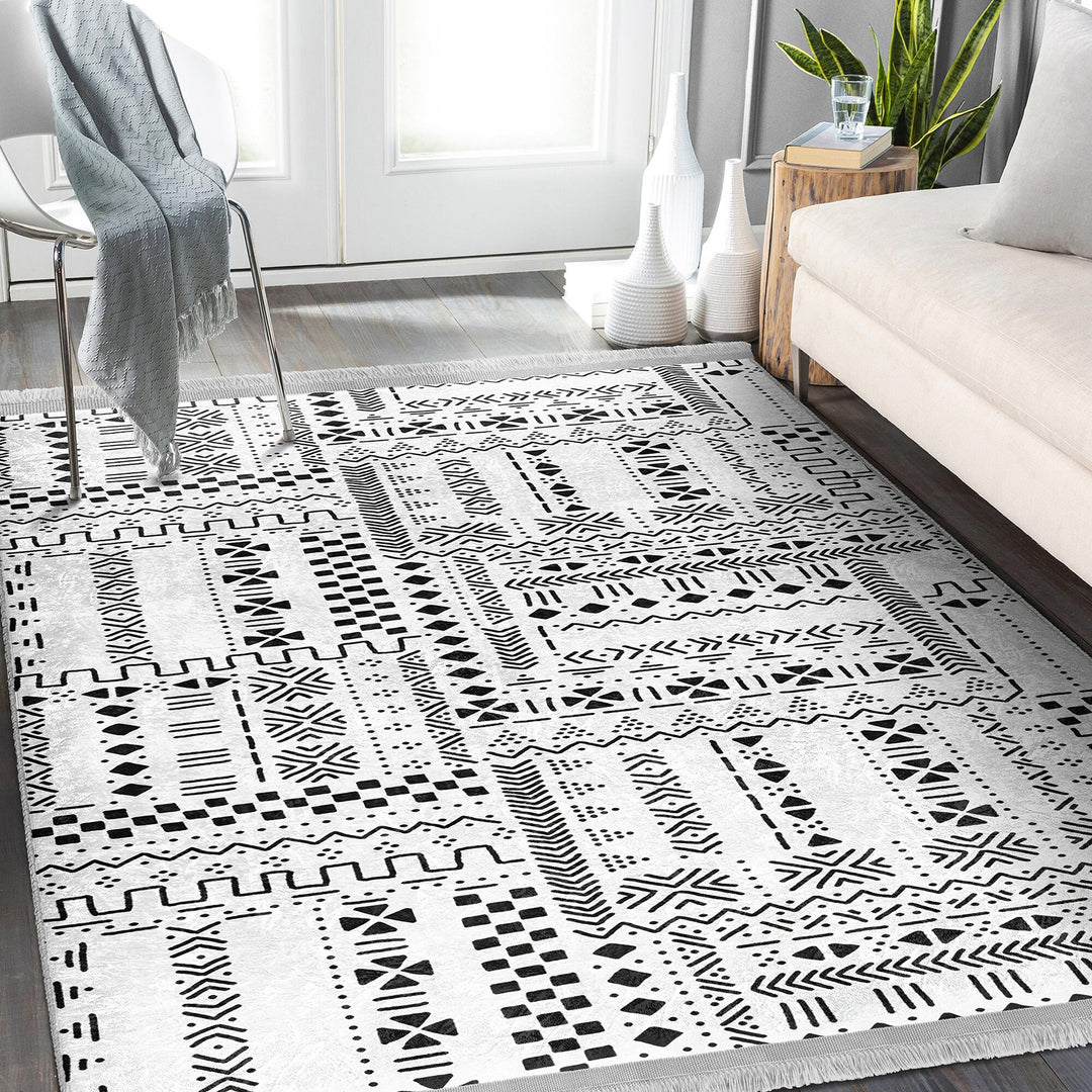 Nordic Print Carpet|Abstract Geometric Carpet|Scandinavian Floor Covering|Ethnic Fringed Rug|Machine-Washable Rug|Rug Design Non-Slip Carpet